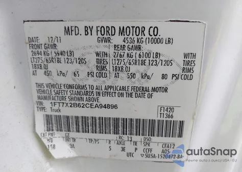 2012 Ford F250 Super Duty from USA, damaged, VIN 1FT7X2B62CEA94896